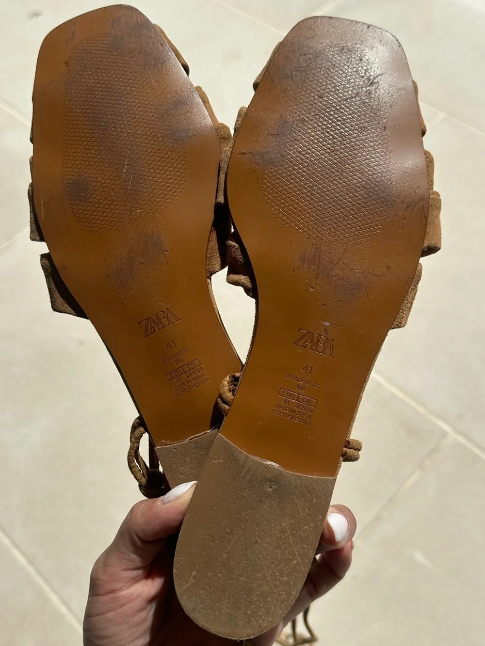 Zara Cognac Suede Gold Coastal Resort Beach Knotted Lace Tie Up Sandals- Size 41 - Picture 6 of 6